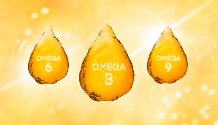 Fish oil ads template, Vitamin Omega-3 Fatty Acids, Omega-6, Omega-9 gold shining drops 3d illustration.Transparent yellow oil drops.Shining substance orange essence droplet. Beauty treatment nutrition skin care.3d illustration of nutrients.の写真素材