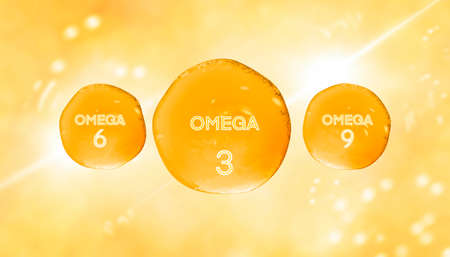 Fish oil ads template, Vitamin Omega-3 Fatty Acids, Omega-6, Omega-9 gold shining bubbles 3d illustration.Transparent yellow oil bubble.Shining substance orange essence droplet. Beauty treatment nutrition skin care.3d illustration of nutrients. High quality 3d illustrationの写真素材
