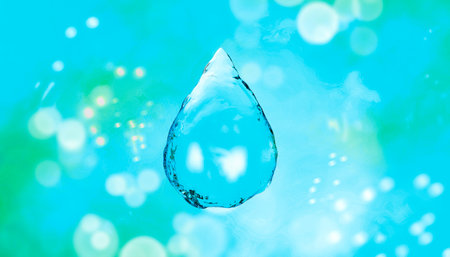 3d rendering.Beautiful clean transparent drop of water on a blurred background of many drops. Advertisement for water, cosmetics, cleanliness, ecology. Creative image of beauty of environment and nature. High quality 3d illustrationの写真素材