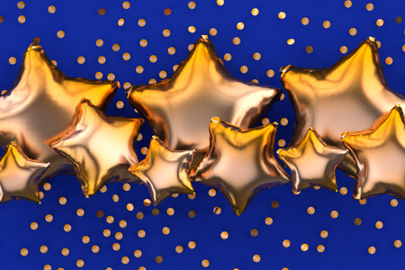 Figured Golden Balloon shine Stars Isolated on dark blue background with confetti.3d rendering birthday postcard.の写真素材