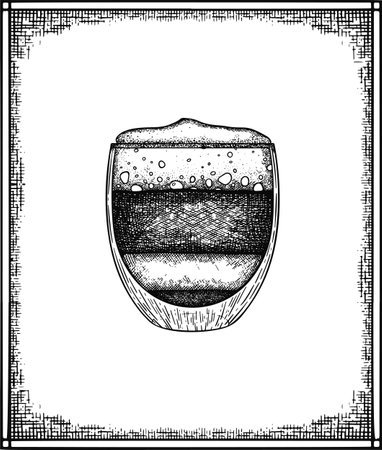 Hot hand drawn cappucino vector cup in vintage style in frame on white backgroundのイラスト素材