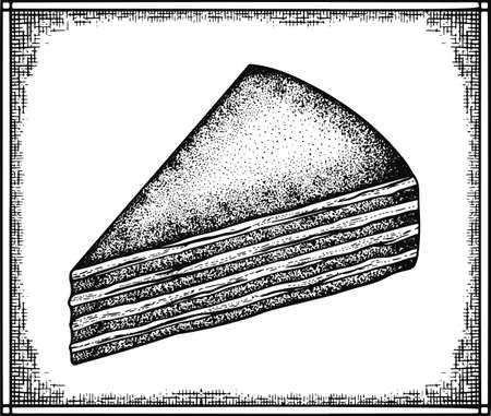 Pie sketch and etching vector illustration. Homemade bakery engraving for menu, invitation or poster. Handdrawn design element.のイラスト素材