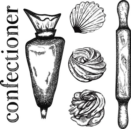 Etching vintage vector set with macaroon, cake, spoon, hand and cooks hatのイラスト素材