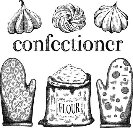 Etching vintage vector set with macaroon, cake, spoon, hand and cooks hatのイラスト素材