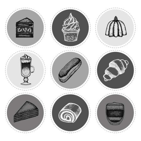 Set of sketched desser. Pastry and sweets in vintage style stickers. Hand drawn vector illustrationのイラスト素材
