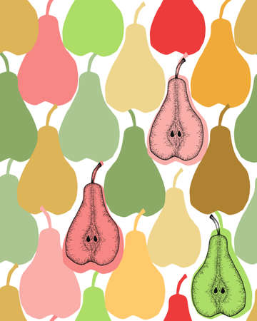 Vintage hand drawn sketch pear with half. Fruit in line art style with solid. Vector seamless patternのイラスト素材