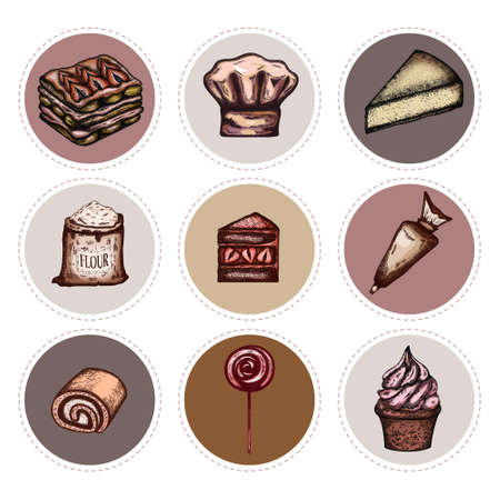 Set of sketched desser. Pastry and sweets in vintage style stickers. Hand drawn vector illustrationのイラスト素材