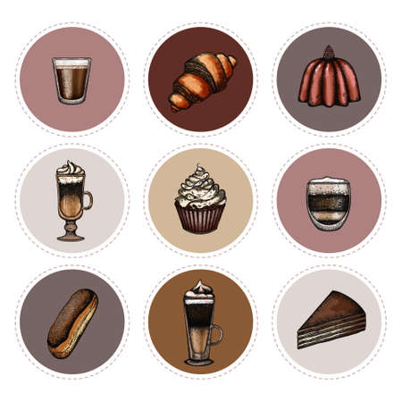 Set of sketched desser. Pastry and sweets in vintage style stickers. Hand drawn vector illustrationの写真素材