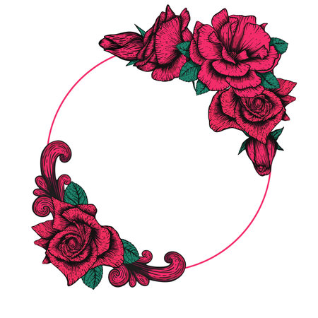 Hand drawn etching roses ribbons and flowers for greeting card design. Vector flowers wreath frameのイラスト素材