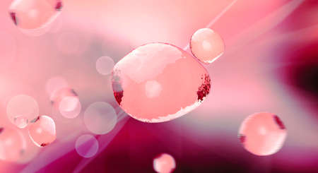 Face or skin treatment ads template,pink shining bubbles 3d illustration.Transparent substance oil on serum bubble.Shining substance light pink essence droplet. Beauty treatment nutrition skin care.3d illustration of nutrients. High quality 3d illustrationの写真素材