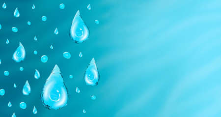 Rectangle banner with 3d Illustration a drop of clean drinking water on right with copy space .Ad banner for filters, rejuvenation and treatment. Crystal clear and its elements. High quality 3d illustration.Fresh and clear. High quality 3d illustrationの写真素材
