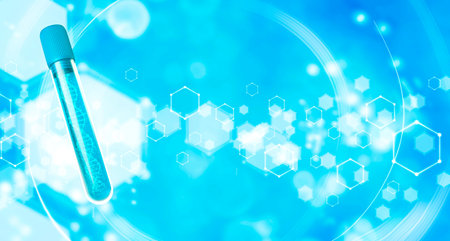 A blue test tube with a dna spiral.Stem cell storage bank.3d illustration of dna.Blood test.DNA research on blue hexagon background.の写真素材