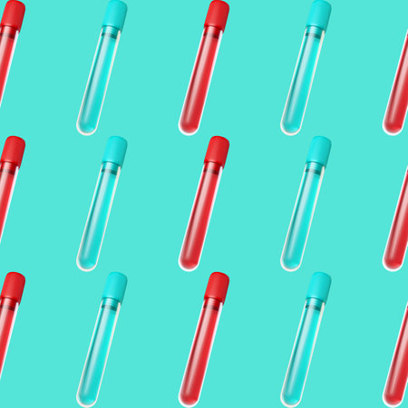 Seamless pattern with 3d rendering medical test tube. Blue and red medical test tube.の写真素材