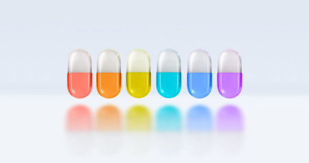 Pills in rainbow color. 3d illustration. The concept of selecting a treatment method. Advertising...