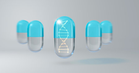 DNA in medical capsule Drug. 3d model of a pill with a DNA molecule inside. Stem cell storage...
