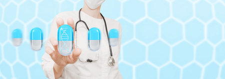 Woman doctor touch 3d rendering pills.Medical personal on blue hexagon background. Banner for...