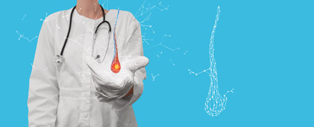 A hologram of the hair with red damage in the doctor's hands. A plexus image of the hair hovers next to a medic or scientist. 3d illustration medical and scientific.The concept of treatment of Hair loss problems. High quality photo. High quality 3d illustrationの写真素材