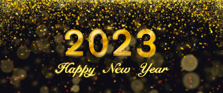 2023 3d Realistic golden, Foil Balloons on confetti gold background on luxury black background . 3d rendering Merry Christmas and Happy New Year 2023 greeting banner.の写真素材