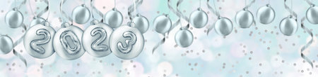 2023 3d Realistic silver Foil Balloons on confetti grey background . 3d rendering Merry Christmas...