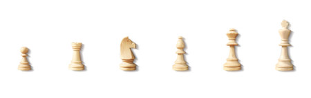 All the chess pieces standing on table. King, queen, bishop, knight, pawn, rook, isolated on white collage with white chess pieces. Advertising of chess school. High quality photoの写真素材