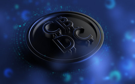 Advertising 3d banner with black central bank digital currency coin and lights. Electricity impulse and splashes. Futuristic landing page blue with business technology, financial, blockchain, exchange, money and digital asset concepts. High quality 3d illustrationの写真素材