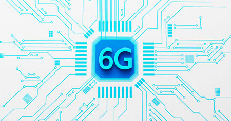 6g network symbol on the motherboard.Processor with a mobile network.3d rendering futuristic backgroundの写真素材