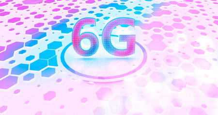 6G 3d rendering wireless network and big data concept on blue. violet and pink hexagon...