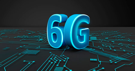 6G 3d rendering wireless network and big data concept on blue glowing circuit background on...