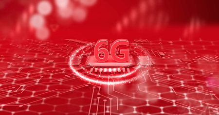 6G 3d rendering wireless network and big data concept on red hexagon background.Shiny 6G New...