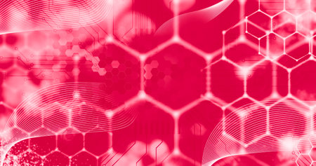 Abstract modern magenta homeycomb glowing light background. Hexagon red futuristic background.の写真素材