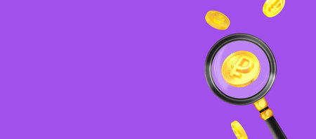 Concept of personal financial management, business research,Financial study and observation. 3d rendering Rubble coins with a magnifying glass. looking for Money. Credits.の写真素材