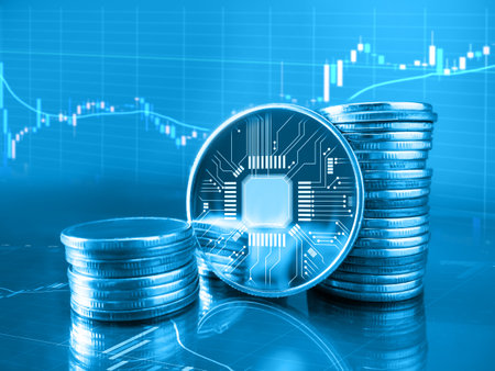Abstract hitech design background with coins with circuit boards inside.3d rendering. coin with cpu.money with chip. growth chart of the stock exchangeの写真素材