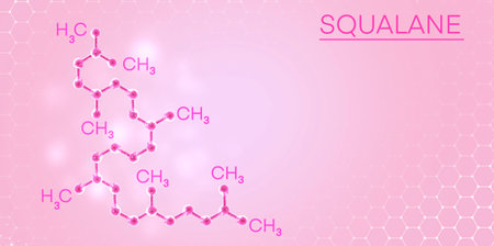 The chemical formula of squalene on the background of shimmering particles and hexagon. The squalene molecule.It is used in cosmetics,serum,cream,anti-aging procedures. Structural chemical formula and molecule model Structural chemical formula and molecule model.の写真素材