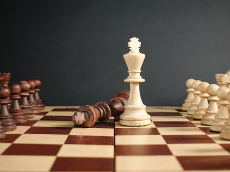 Chess queen face to face on the chessboard. The victory of white chess and the loss of the black queen.Chess school advertismentの写真素材