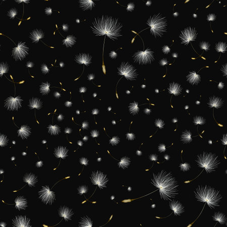 The pattern with a realistic dandelion on black painted in watercolor and pastel.Seamless.Dandelion seeds blown away by the wind. Dynamic ornamentの写真素材