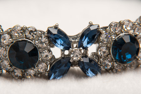 jewelry with blue saphire. Necklace or bracelet with cubic zirconia, diamonds and topaz.Sapphire, Blue Diamond. Closeup of luxury glamour necklaceの写真素材