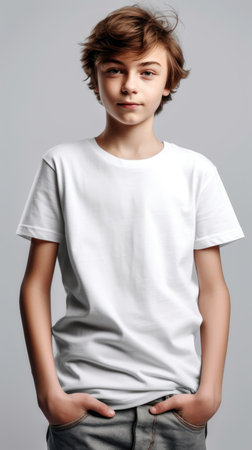 AI generated. T-shirt mockup. Cute smiling 10 years boy in a white T-shirt on a clean backgroundの素材