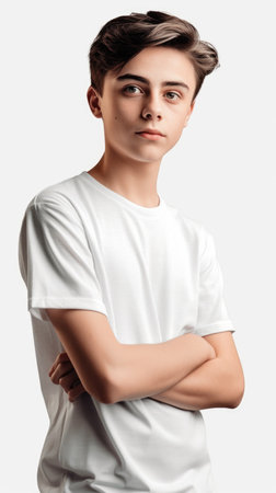 AI generated. T-shirt mockup. Cute smiling teenager 10 years boy in a white T-shirt on a clean backgroundの素材