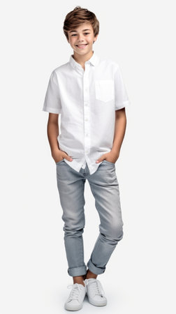 AI generated. shirt mockup. Cute smiling teenager 10 years boy in a white shirt on a clean backgroundの素材