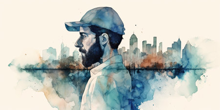 A city and a portrait of a man. Double exposure. AI generatedの素材