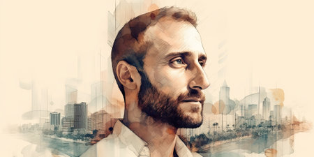 A city and a portrait of a man. Double exposure. AI generatedの素材