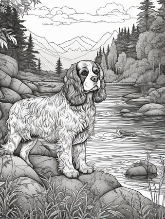 AI generated. anti stress coloring book page with full body, tall smiling Cavalier King Charles Spaniel near the lake line art .の素材