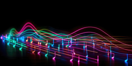 musical notes from neon lines. Ai generated.Music festival, radio show, musical evening, karaoke, audio record.Music notes abstractの素材