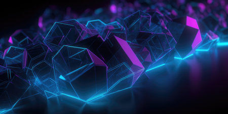 Ai generated. Crystals with a fiery glow at the bottom. Neon purple and blue crystalsの素材