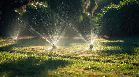 Watering the Lawn.sprayer and watering grass. Automatic sprinkler wateringの素材