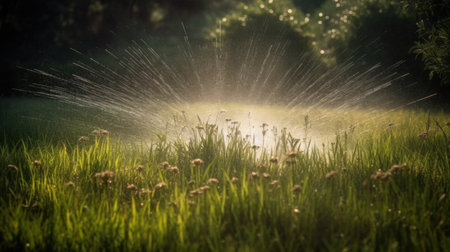 Watering the Lawn.sprayer and watering grass. Automatic sprinkler wateringの素材