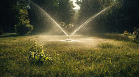 Watering the Lawn.sprayer and watering grass. Automatic sprinkler wateringの素材