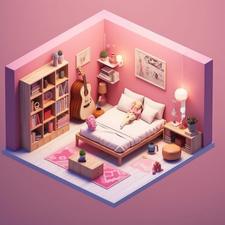 Isometric large luxury modern bright interiors girl living room, children s roomの素材