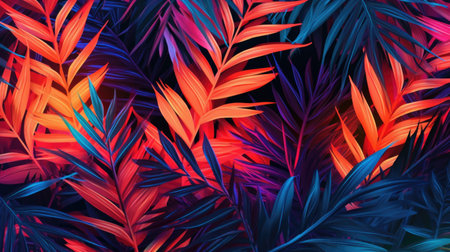 Neon orange, blue, violet and pink palm leaves. interior wallpaper. fluorescent color layout made of tropical leaves.の素材