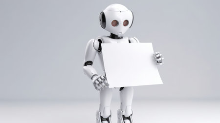 Human white robot holding white paper. White anthropomorphic robot isolated on white backgroundの素材